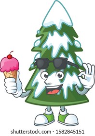 Mascot character featuring christmas tree snow with ice cream