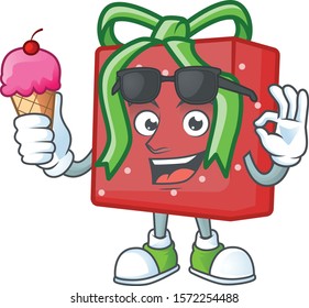 Mascot character featuring red gift box with ice cream