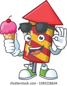 Mascot character featuring red stripes fireworks rocket with ice cream