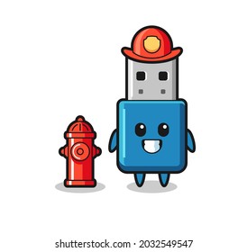 Mascot character of flash drive usb as a firefighter , cute style design for t shirt, sticker, logo element