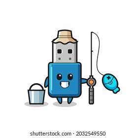 Carácter mascota de la unidad flash usb como pescador, diseño de estilo lindo para camiseta, pegatina, elemento logo