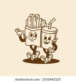 personagem mascote batatas fritas e refrigerante com estilo retro bom para mascote marca, mascote de comida, mascote de restaurante, etc