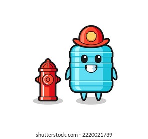 Mascot character of gallon water bottle as a firefighter , cute design