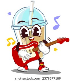 mascot character a glass of boba ice with a funny face playing guitar, isolated cartoon vector illustration. emoticon, cute boba ice glass cone mascot