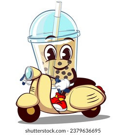 mascot character a glass of boba ice with a funny face riding a scooter, isolated cartoon vector illustration. emoticon, cute boba ice glass cone mascot