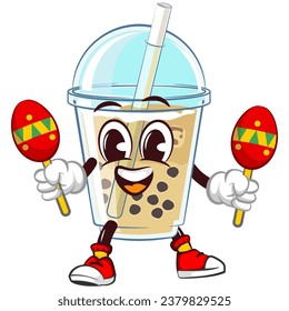 mascot character of a glass of boba ice with a funny face playing maracas happily, isolated cartoon vector illustration. emoticon, cute boba ice glass cone mascot