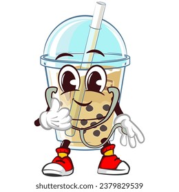 mascot character of a glass of iced boba with funny face medical worker doctor with statoscope, isolated cartoon vector illustration. emoticon, cute boba ice glass cone mascot