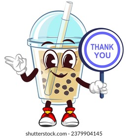 personaje de mascota de un vaso de boba helado con una cara graciosa dando una señal de aprobación y sosteniendo un cartel que dice gracias, ilustración aislada del vector de dibujos animados. emoticono, lindo vaso de una mascota de boba helada