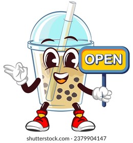 mascot character of a glass of iced boba with a funny face giving an okay sign and holding up a sign that says open, isolated cartoon vector illustration. emoticon, cute glass of iced boba mascot