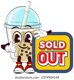 mascot character of a glass of iced boba with a funny face giving a thumbs up sign next to a board saying sold out, isolated cartoon vector illustration. emoticon, cute glass of iced boba mascot