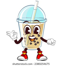 The mascot character of a glass of iced boba with a cute face is excitedly giving an okay sign. emoticon, cute glass of iced boba mascot