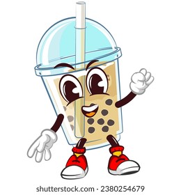 The mascot character of a glass of iced boba with a cute face is enthusiastically doing a sports warm-up. emoticon, cute glass of iced boba mascot