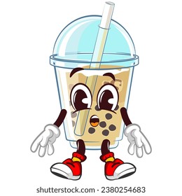 mascot character of a glass of iced boba with a cute face who is tired. emoticon, cute glass of iced boba mascot