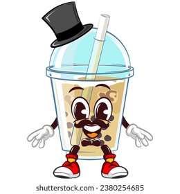 mascot character of a glass of iced boba with a funny face with a mustache wearing a vintage hat and bow tie. emoticon, cute glass of iced boba mascot