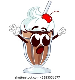 mascot character of a glass of milkshake with a funny face panicked screaming while raising both hands, isolated cartoon vector illustration. emoticon, cute milkshake glass mascot