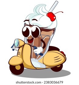 mascot character of a glass of milkshake with a funny face riding a scooter, isolated cartoon vector illustration. emoticon, cute milkshake glass mascot