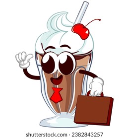 mascot character of a glass of milkshake office worker carrying a suitcase and wearing a tie while giving a thumbs up, isolated cartoon vector illustration. emoticon, cute milkshake glass mascot