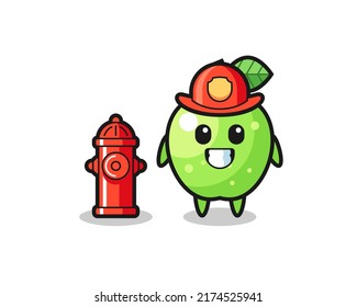 Mascot character of green apple as a firefighter , cute style design for t shirt, sticker, logo element