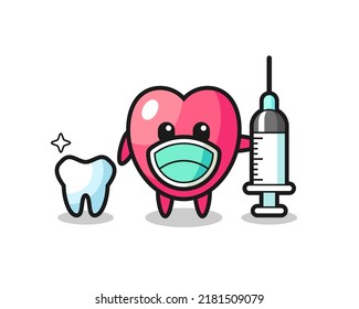 Carácter mascota del símbolo del corazón como dentista, diseño de estilo lindo para camiseta, pegatina, elemento logo