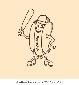 mascot character hotdog with baseball bat good for logo, branding, mascot retro, restaurant, cafe, etc