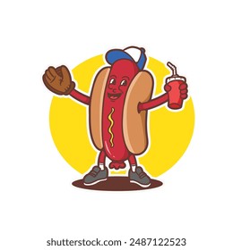 mascot character hotdog with baseball glove good for logo, branding, mascot food, restaurant, cafe, etc