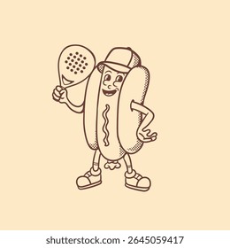mascot character hotdog with padel racket good for logo, branding, mascot retro, restaurant, cafe, etc