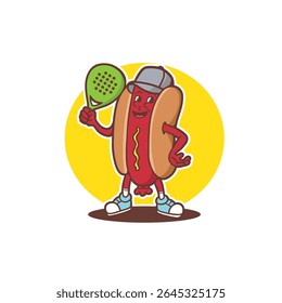  mascot character hotdog with padel racket good for logo, branding, mascot food, restaurant, cafe, etc