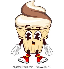 mascot character of an ice cream cone with a funny tired face, isolated cartoon vector illustration. emoticon, cute ice cream cone mascot