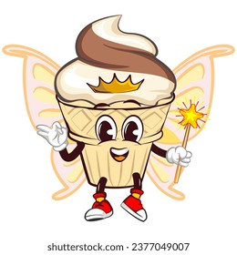 mascot character of an ice cream cone with a cute face a flying fairy with crowned butterfly wings carrying a magic wand, isolated cartoon vector illustration. emoticon, cute ice cream cone mascot