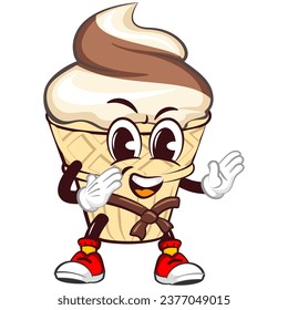 mascot character of an ice cream cone with a funny face practicing martial arts wearing a belt, isolated cartoon vector illustration. emoticon, cute ice cream cone mascot