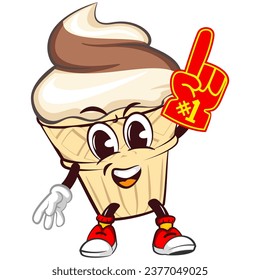 mascot character of an ice cream cone with a funny face raising a foam finger enthusiastically, isolated cartoon vector illustration. emoticon, cute ice cream cone mascot