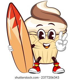 mascot character of an ice cream cone with a funny face with surf bord while giving a peace sign, isolated cartoon vector illustration. emoticon, cute ice cream cone mascot