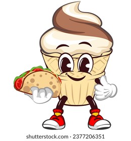 mascot character of an ice cream cone with a funny face with a taco while giving a thumbs up, isolated cartoon vector illustration. emoticon, cute ice cream cone mascot