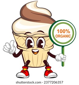 Mascot character of an ice cream cone with a funny face giving a thumbs up sign next to a sign saying 100 percent ogranic, isolated cartoon vector illustration. emoticon, cute ice cream cone mascot