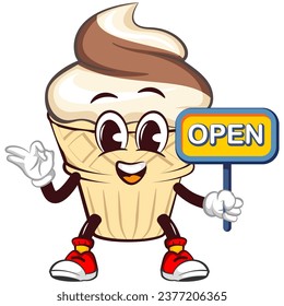 Mascot character of an ice cream cone with a funny face giving a okay sign next to a sign saying open, isolated cartoon vector illustration. emoticon, cute ice cream cone mascot