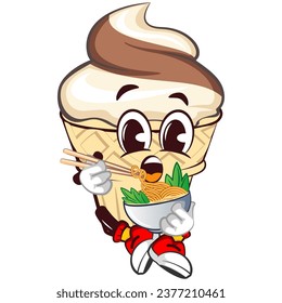 mascot character of an ice cream cone with a funny face eating a bowl of noodles with chopsticks, isolated cartoon vector illustration. emoticon, cute ice cream cone mascot