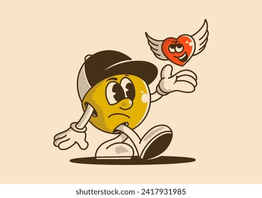 Mascot character illustration of a ball head and flying heart