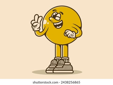 Mascot character illustration of ball head with hand form a symbol of peace. Yellow vintage color