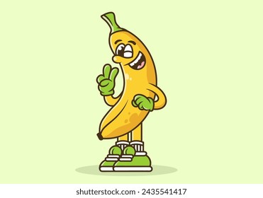 Mascot character illustration of a banana with hand forming peace symbol