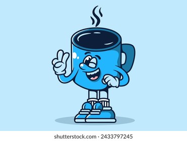 Mascot character illustration of coffee mug with hand form a symbol of peace. Blue color