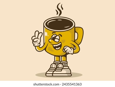 Mascot character illustration of coffee mug with hand form a symbol of peace. Yellow vintage color