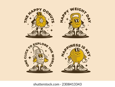 Mascot character illustration design of donuts, dumbbell, computer mouse, and ball head in pompous style