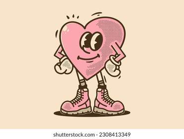 Mascot character illustration design of a pink heart in a cocky style