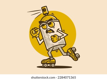 Mascot character illustration design of spray paint playing roller skates