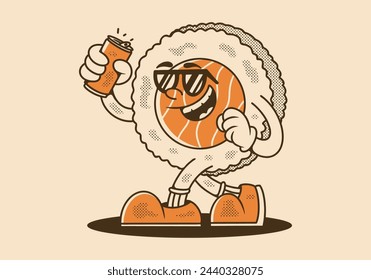Mascot character illustration design of walking sushi holding a beer can. Vintage color