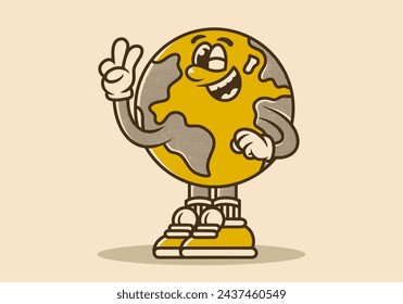 Mascot character illustration of earth with hands forming a symbol of peace. Vintage colors