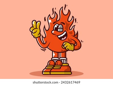 Ilustración del personaje de la mascota de una llama de fuego con las manos formando un símbolo de paz. Colores rojos