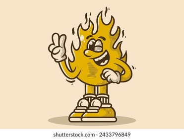 Mascot character illustration of a fire flame with hands forming a symbol of peace. Vintage colors
