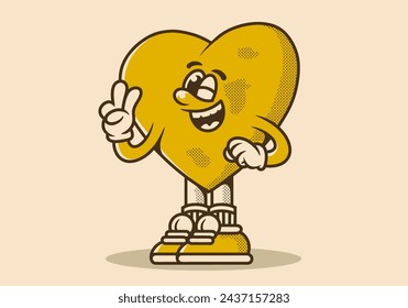 Mascot character illustration of heart with hand form a symbol of peace. Yellow vintage color