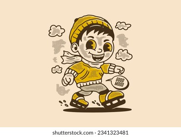 Mascot character illustration of a little boy playing ice skate, in vintage style
